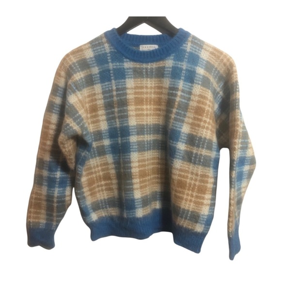 SANDRO Poesa Plaid Crew Neck Sweater in Ciel - Picture 3 of 12